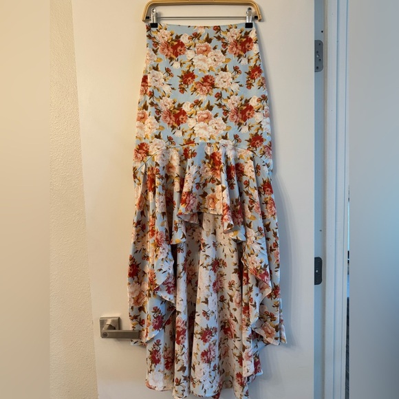 Lulus Easily Enchanting Light Blue Floral Print High-low Maxi Skirt - Size XS - Picture 6 of 11